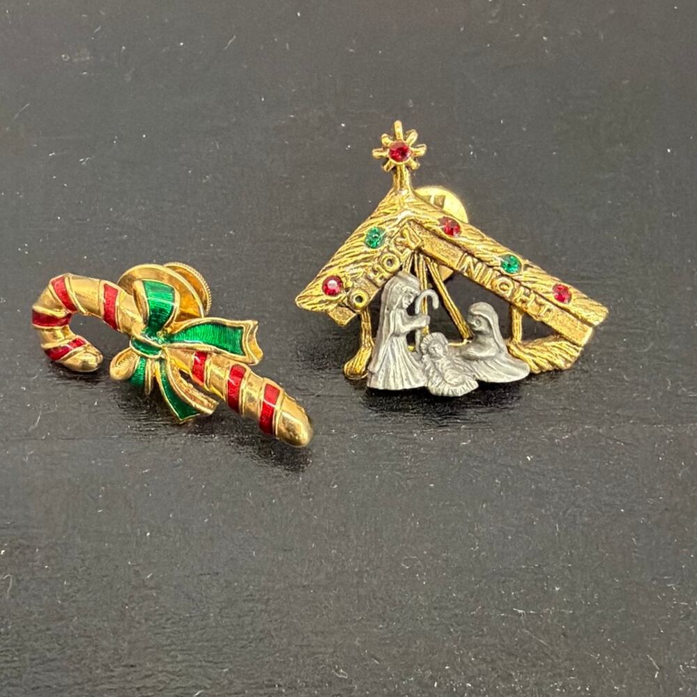 Vintage Christmas Lapel Hat Pins O Holy Night Nativity & Avon Candy Cane Gold